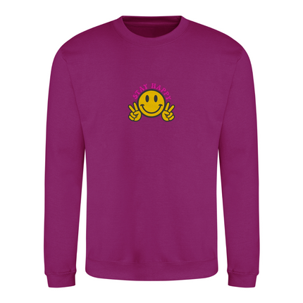 Smiley Face Stay Happy Embroidery Detail Sweatshirt | Hoodie