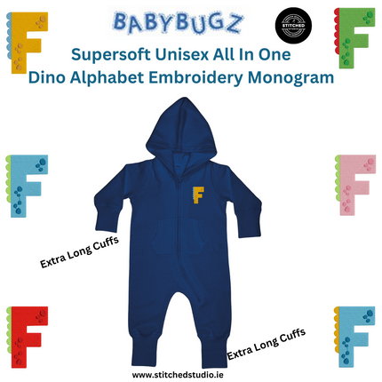 Personalised BABYBUGZ all-in-one with embroidery alphabet monogram