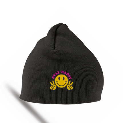 Smily Face Stay Happy Embroidery Detail Beanie