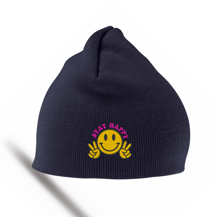 Smily Face Stay Happy Embroidery Detail Beanie