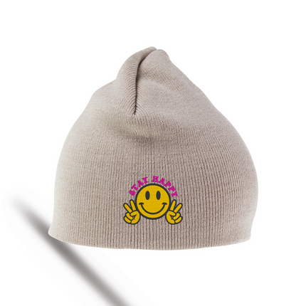 Smily Face Stay Happy Embroidery Detail Beanie